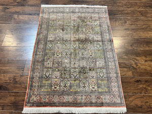 Magnificent Persian Silk Rug 3.7 x 5, Persian Qum Rug, Panel Design, Kheshti Garden, Extremely Fine 650 KPSI - 70 Raj, Hand Knotted, Vintage, Multicolor