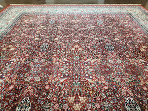 Oversized Pak Persian Rug 11x15, Large Wool Palace Carpet, Red and Ivory, Millefleur Allover Floral Pattern, Vintage Handmade Oriental Rug