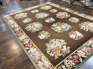 Vintage Needlepoint Rug 9x12, Large Handmade Hand-woven Needlepoint Carpet, Brown Area Rug, Floral Bouquets, Wool Rug, European Design