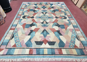 Contemporary Indian Nepalese Area Rug 8x11, Wool Hand-Knotted Modern Multicolor Nepali Abstract Carpet 8 x 11 Soft Playroom Nursery Room Rug