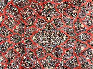 Square Persian Sarouk Rug 11x11 ft, Rare Size, Hand Knotted Wool Floral Allover Red Persian Carpet, Handmade Antique Rug