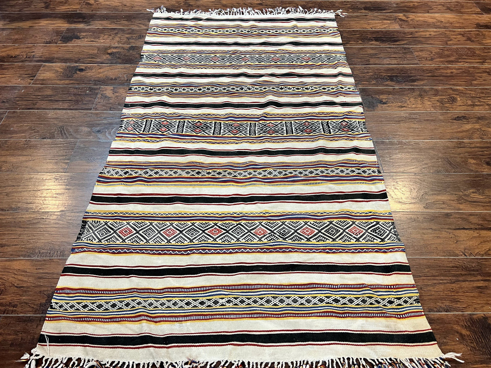 South American Kilim Rug 4x7 ft, Wool Handmade Vintage Carpet, Ivory Black Multicolor Stripes, Bohemian Blanket Rug, Flatweave Area Rug