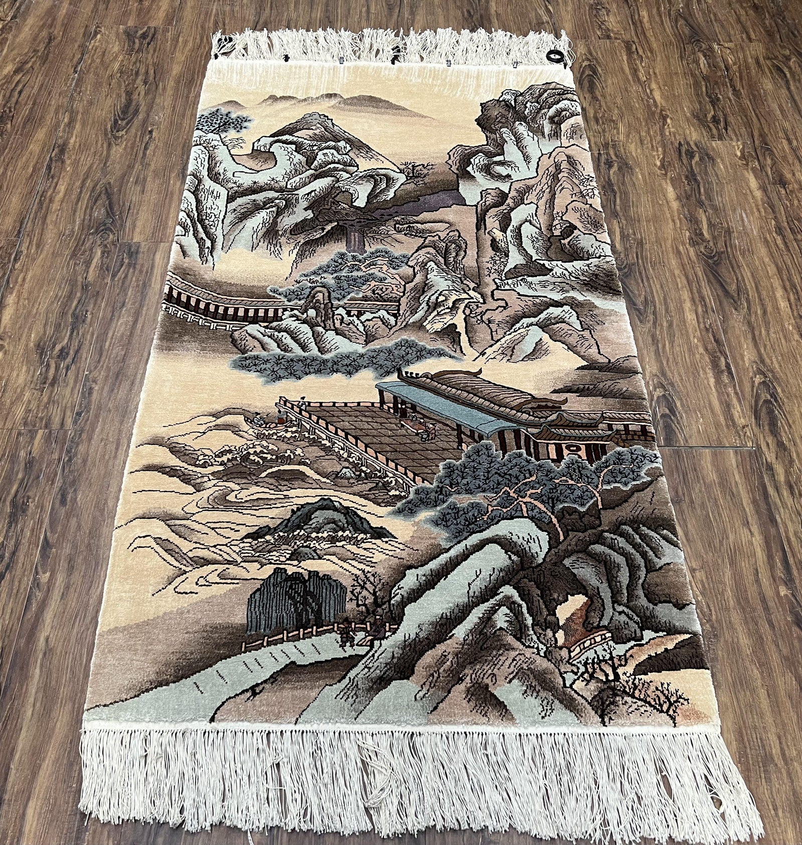 Silk Chinese Wall Hanging Rug 3x6 ft Tapestry, Pagoda Scene, Pictorial, High Quality Fine Hand Knotted Vintage, Asian Oriental Handmade Nice