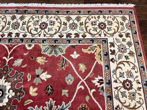 Indo Persian Rug 9x12, Wool Hand Knotted Vintage Carpet, Red & Ivory, Floral Allover, 9 x 12 Room Sized Rug