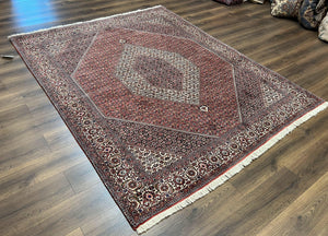 Wonderful Persian Bidjar Rug 7x8 ft, Almost Square Oriental Carpet, Herati Mahi, Highly Detailed, Ivory Red Navy Blue, Very Fine Handmade Bijar Rug