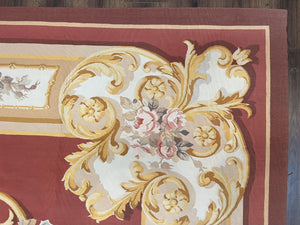 Aubusson Rug 9x12, Red Ivory Gold Tan, Handmade Hand Woven Aubusson Savonnerie Carpet, Vintage Flatweave Room Sized Aubusson Area Rug 9 x 12