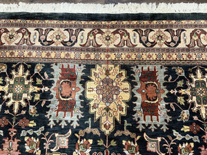 Indo Persian Mahal Rug 9x12, Dark Green and Cream Hand Knotted Wool Oriental Carpet, Floral Allover, Vintage Traditional Handmade Room Sized