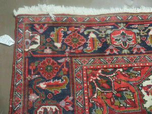 Persian Heriz Rug 7.5 x 10, Room Sized Heriz Ahar Carpet, Semi Antique Vintage Floral Large Medallion Rug, Red and Navy Blue, Hand Knotted Wool Rug