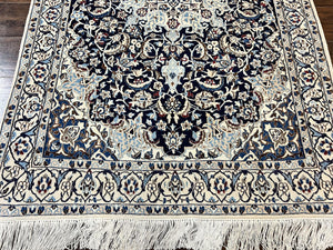 Persian Nain Rug 4x6, Floral, Hand Knotted Vintage Wool & Silk Highlights, Signature from Masterweaver, Navy Blue and Ivory