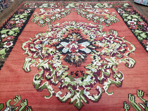 Karabakh Rug 8x11, Caucasian Kilim Rug, Vintage Antique Turkish Anatolian Azerbaijani Carpet, Wool Red & Black Hand-Woven 8 x 11 Living Room