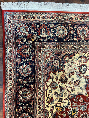 Fine Sino Persian Rug 7x10 ft, Floral Central Medallion Oriental Carpet, Red Navy Blue Cream, Hand Knotted Wool Traditional Vintage Rug