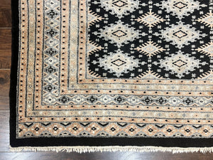 Pakistani Bokhara Rug 6x9, Hand Knotted Vintage Wool Carpet with Silk Highlights, Very Fine 320 KPSI, Medium Size