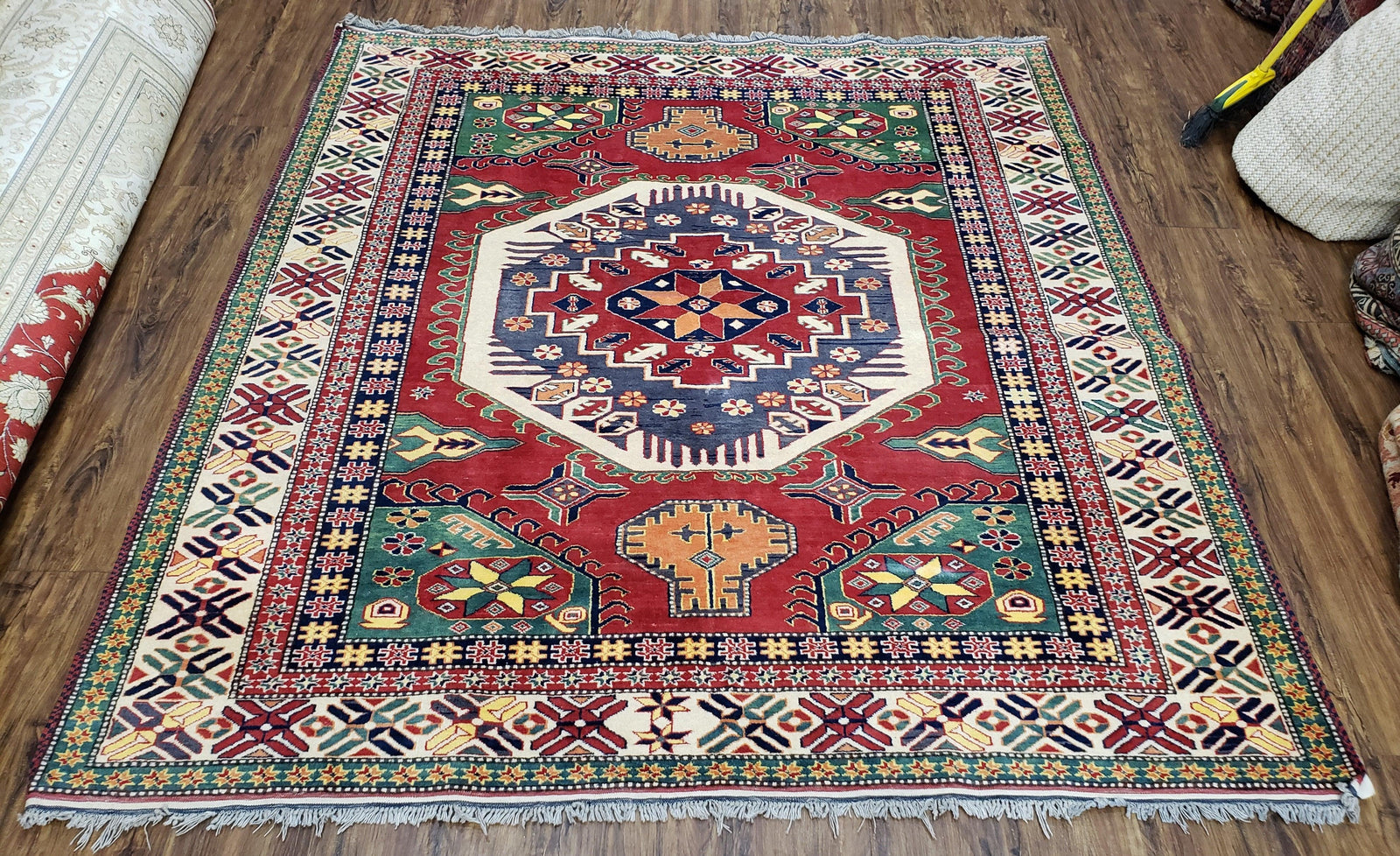 Vintage Turkish Kazak Area Rug, 6ft Square Rug, 6x6 Square Oriental Carpet, Hand-Knotted, Wool, Bold Colors, Red Blue Green, Geometric Rug