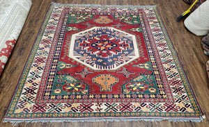 Vintage Turkish Kazak Area Rug, 6ft Square Rug, 6x6 Square Oriental Carpet, Hand-Knotted, Wool, Bold Colors, Red Blue Green, Geometric Rug
