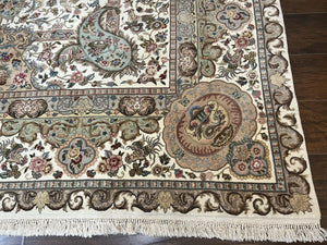 Sino Persian Rug 9x12, Wool on Silk Foundation Hand Knotted Ivory Vintage Carpet, Birds Design, Very Fine Room Sized Floral Oriental Rug