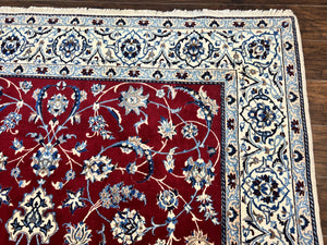 Persian Nain Rug 6x10, Wool and Silk Highlights, Red and Ivory, Floral Medallion, Vintage Handmade Hand Knotted, Fine 225 KPSI, Traditional Rug