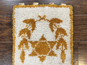 Unique Judaica Wall Hanging Rug 1.5 x 4, Shalom Menorah Jewish Star Kiddush Cup Chai Wall Hanging, Vintage, Wool, Ivory and Orange