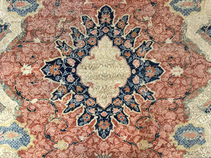 Antique Persian Sarouk Rug 9x12, Boteh Paisleys, Light Red Navy Blue