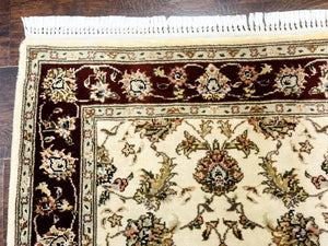 Pak Persian Runner Rug 2.8 x 8, Handmade Vintage Carpet, Beige and Maroon, Wool and Silk Highlights