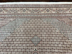 Pak Persian Rug 12x15, Wool & Silk Hand Knotted Vintage Carpet, Mahi Herati Pattern, Beige, Traditional Oversized Extra Large Oriental Rug