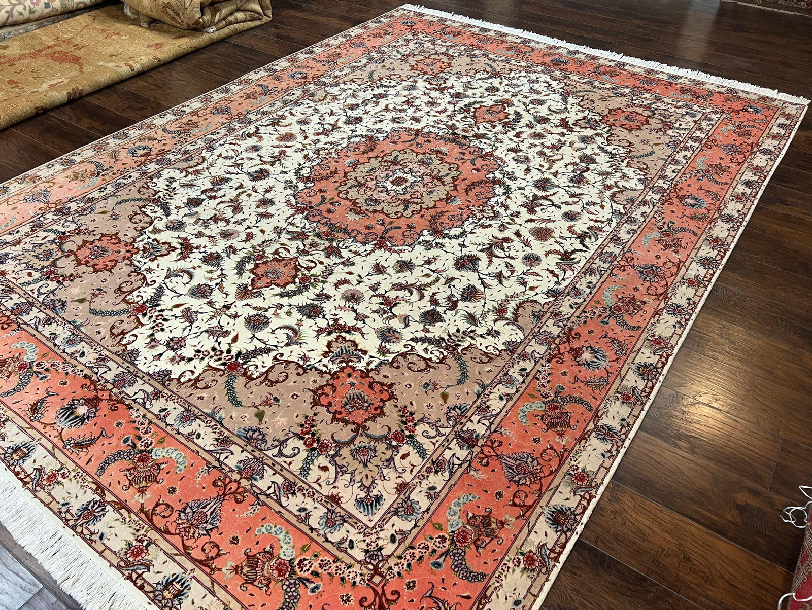 Wonderful Persian Tabriz Rug 9x12, Floral Medallion, Ivory and Salmon Red, Hand Knotted, Wool with Silk Accents, Very Fine Vintage Oriental Carpet