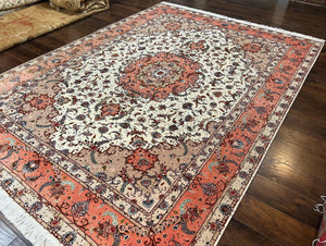 Wonderful Persian Tabriz Rug 9x12, Floral Medallion, Ivory and Salmon Red, Hand Knotted, Wool with Silk Accents, Very Fine Vintage Oriental Carpet