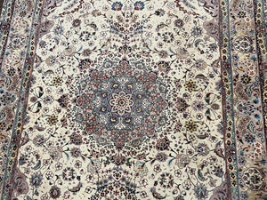Beautiful Pak Persian Rug 6x9, Floral Medallion, Wool and Silk, Highly Detailed Elegant Carpet, Vintage Oriental Rug 6 x 9, Cream and Gray