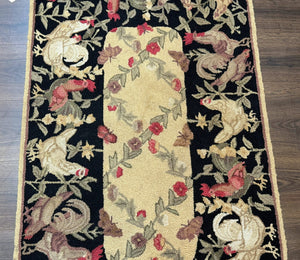 Small Vintage Hooked Rug, Roosters, Handmade, Wool
