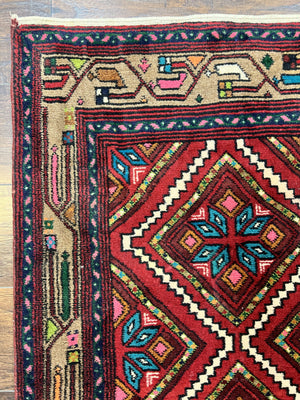 Persian Tribal Runner Rug 3x10, Red Camel Hair Navy Blue, Handmade Hand Knotted 10ft Wool Oriental Vintage Runner for Kitchen or Hallway, Persian Lilihan Hamadan Runner