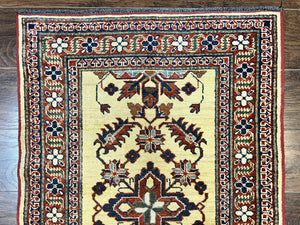 Afghan Heriz Runner Rug 2.9 x 12, Vintage Hand Knotted Persian Carpet for Hallway, 12ft Runner, Wool, Cream