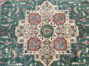Indo Heriz Rug 9x12, Geometric Oriental Carpet, Room Sized Wool Handmade Hand Knotted Vintage Green and Cream Area Rug, Indian Rug 9 x 12