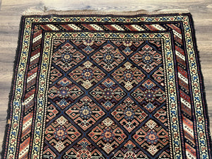 Antique Persian Wide Runner Rug 4x9, Kurdish Rug, Panel Design, Rainbow Border, Rare Tribal Rug