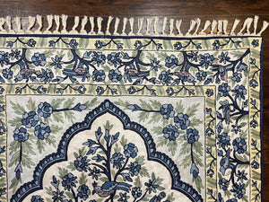 Tree of Life Indian Hand Stitched Rug 4x6, Indian Wall Hanging Rug, Ivory Blue, Silk on Cotton, Vintage