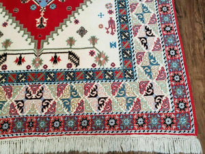 Vintage Moroccan Carpet 5x7 Area Rug, Berber Rug, Handmade Soft Wool Rug, Red Ivory and Blue, Geometric Medallion Rug, Bohemian Rug, Nice