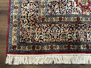 Indian Kashmiri Silk Rug 6x9, Red and Navy Blue, Floral Medallion, Fine 275 KPSI