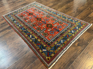 Colorful Persian Ardabil Rug 4x7, Red Blue Gold, Geometric Caucasian Design, Vintage