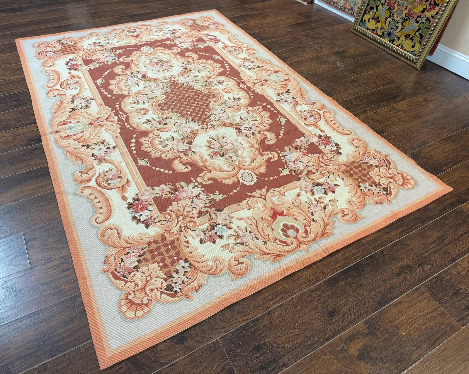 Vintage Needlepoint Rug 6x9, Aubusson Rug, Flatweave Wool Elegant Carpet, Medium Size, French European Design