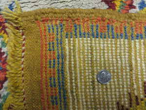 Moroccan Wide Runner Rug 3' 6" x 9', Vintage Azilal Berber Carpet Tribal Runner, Colorful Diamonds Ivory Orange Yellow, Soft Wool Handmade