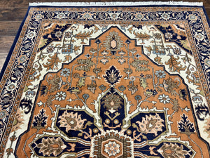 Indo Heriz Rug 6x8, Wool Hand Knotted Vintage Oriental Carpet, Orange-Red Ivory & Navy Blue, Medallion Rug, Handmade Indo Persian Rug
