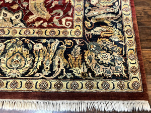 Indo Persian Rug 10x14, Indian Agra Carpet, Vintage Handmade Wool Large Traditional Rug, Dark Red Navy Blue Beige