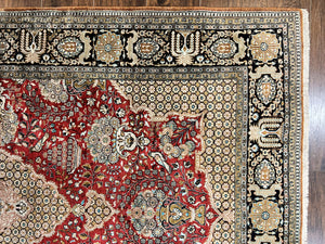 Wonderful Persian Silk Rug 5x7, Birds Floral Vases, Red, Hand Knotted Silk Fine Oriental Carpet, Handmade Vintage, Persian Qum Rug, 400 KPSI