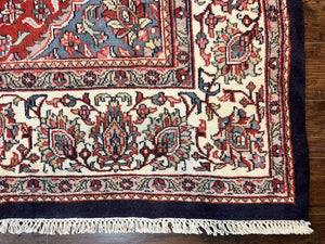 Indo Persian Rug 10x15, Floral Allover, Handmade Vintage Wool Carpet, Dark Blue Ivory Red, Palace Size Traditional Rug