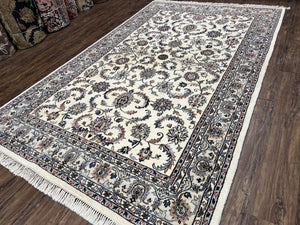 Indian Rug 5.7 x 9, Vintage Oriental Carpet, Handmade Hand Knotted Wool Rug, Living Room Rug, Bedroom Rug, Ivory and Gray, Allover Floral