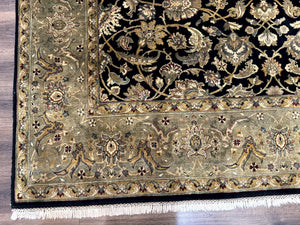Indo Persian Rug 8x10, Black and Green, Wool, Handmade, Traditional, Floral Allover, Vintage