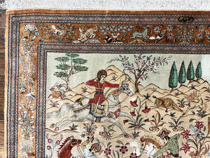 Silk Persian Qum Rug 3x5, Hunting Pattern, Handmade Vintage Carpet, Signed by Master Weaver, Horsemen Pictorials, Super Fine 650 KPSI