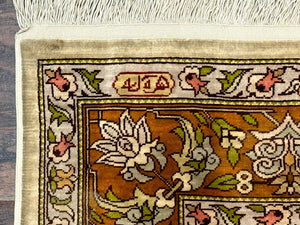Silk Turkish Hereke Rug 2x3, Birds Lantern Very Fine 400 KPSI, Signed by Masterweaver, Wonderful, Rare, Small Hereke Rug