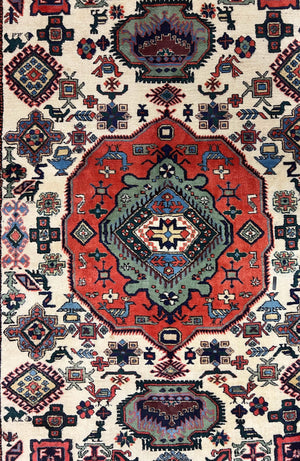 Persian Tribal Rug 8x11, Persian Ardabil Rug, Geometric Medallion Animal Pictorial Rug, Ivory Red Blue, Hand Knotted Vintage Wool Carpet