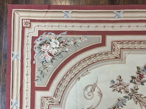Large Aubusson Rug 10x14, Elegant French European Floral Design, Vintage Handmade Wool Room Sized Carpet, Ivory