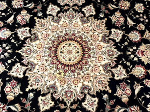 Sino Persian Rug 9x12, Black and Beige, Floral Medallion, Wool & Silk, Handmade