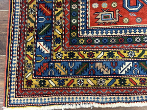 Colorful Persian Ardabil Rug 4x7, Red Blue Gold, Geometric Caucasian Design, Vintage